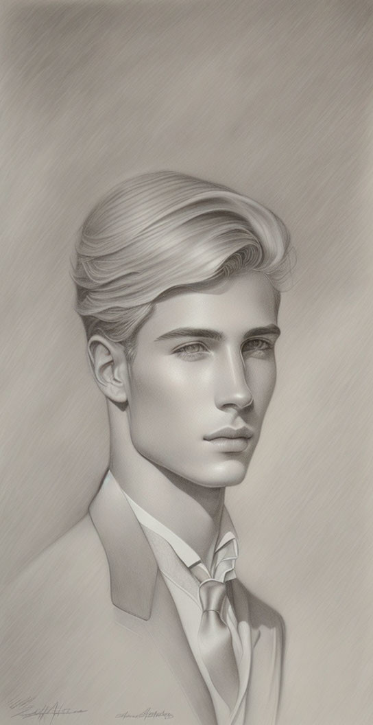 Monochromatic drawing of young man with stylized hair and open collar shirt