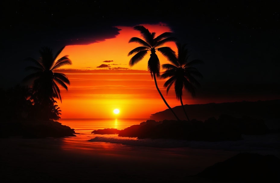 Tropical Beach Sunset with Palm Tree Silhouettes