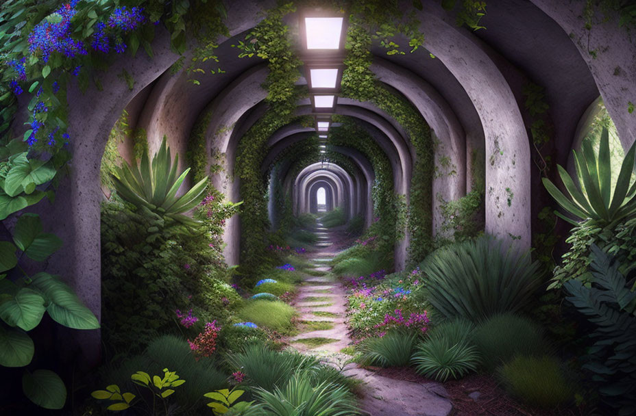 Verdant plant-lined tunnel with square ceiling lights