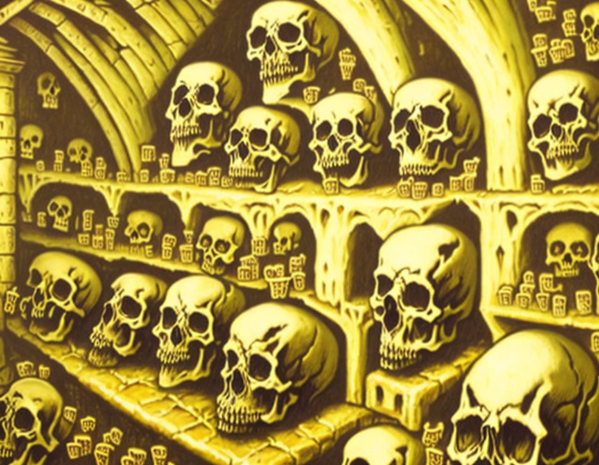 Yellow-Toned Illustration of Macabre Catacomb with Skulls in Arched Niches