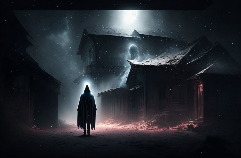 Cloaked figure in front of eerie house with ghostly apparition