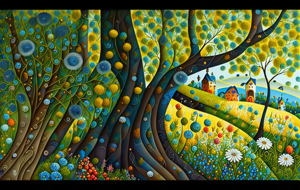 Colorful painting of whimsical landscape with swirling trees and village under starry sky