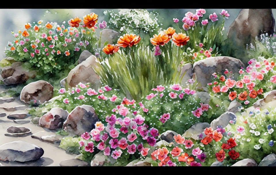 Vibrant watercolor flowerbed with pink, orange, and red blossoms in a charming garden