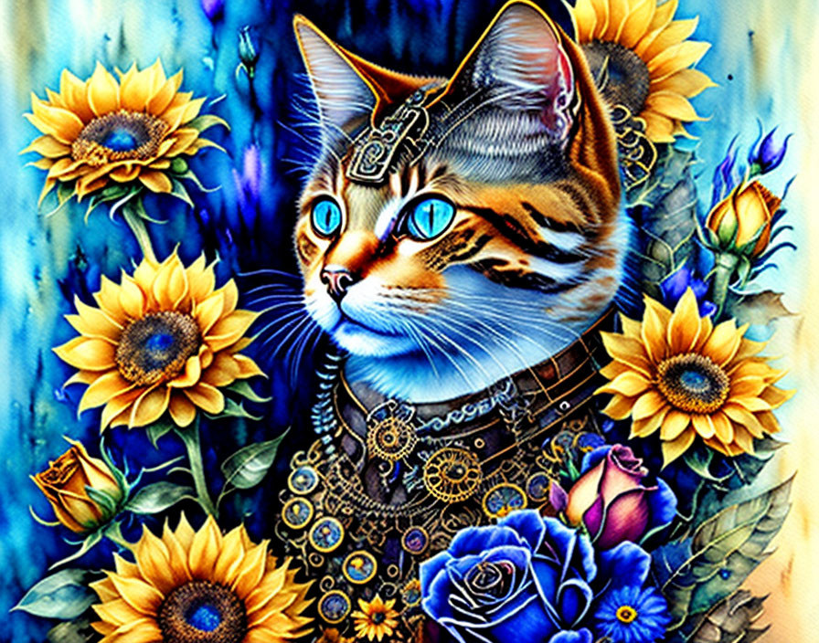 Colorful Steampunk Cat Artwork with Blue Eyes and Floral Background