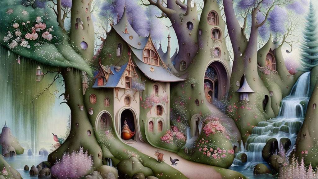 Enchanting forest scene with tree houses, flowers, waterfall, rabbit, and magical ambiance