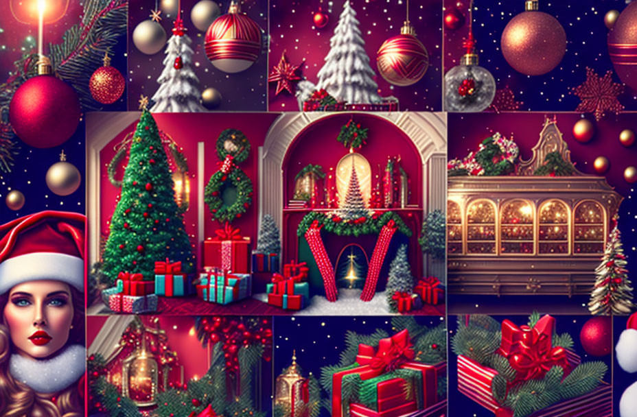 Christmas-themed collage with ornaments, tree, fireplace, stockings, and Santa hat.