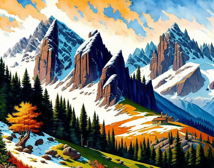 Scenic mountain landscape with cabin, autumn trees, and snow-capped peaks