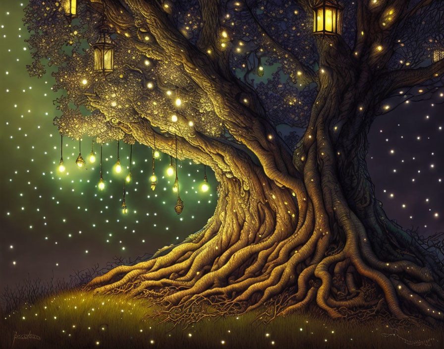 Enchanting night scene: tree with twisted roots, glowing lanterns, firefly lights, star