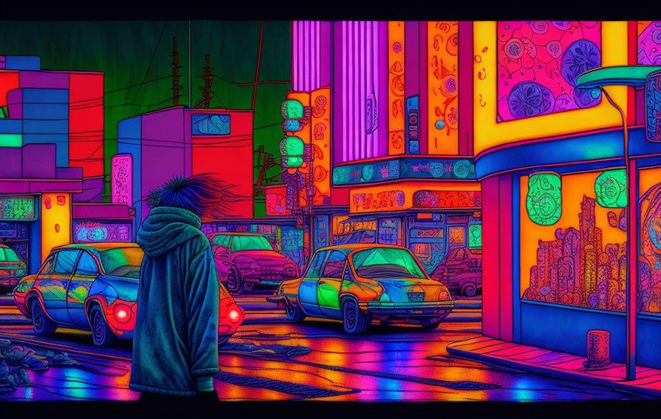 Colorful neon-lit street scene with wet pavement and parked cars