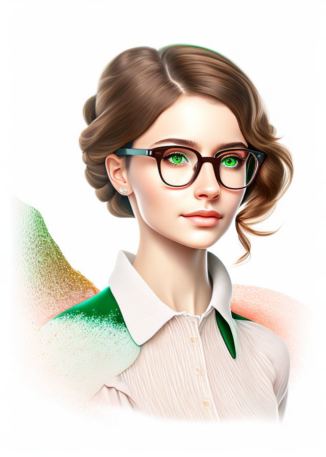 Brown-haired woman with bun in green glasses, white shirt, green scarf, and glitter accent.