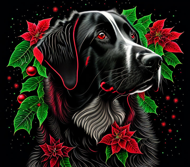 Black Dog Among Vibrant Poinsettias and Holly Berries