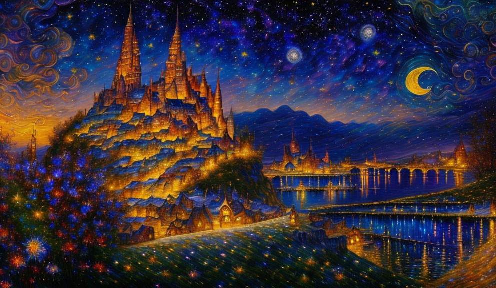 Starry night sky over illuminated castle and bridge by serene river