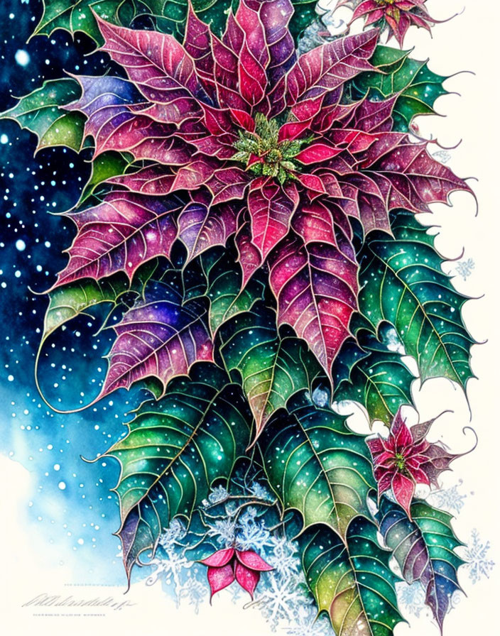 Vibrant red and green poinsettia in snowy setting