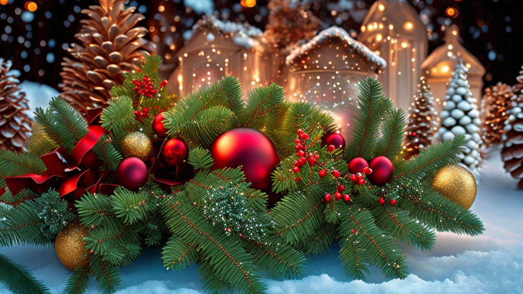 Christmas-themed arrangement with pine branches, red baubles, berries, lanterns, and snowy pine