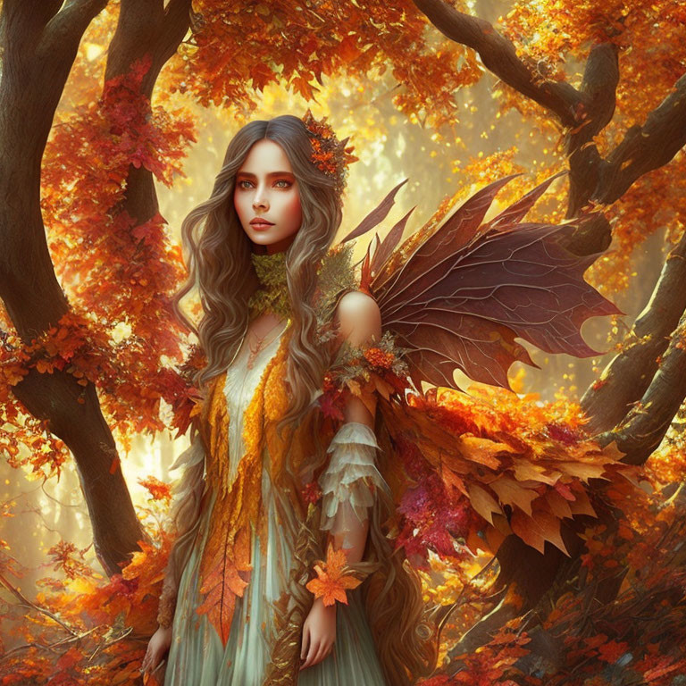 Fantastical fairy with delicate wings in vibrant autumn foliage