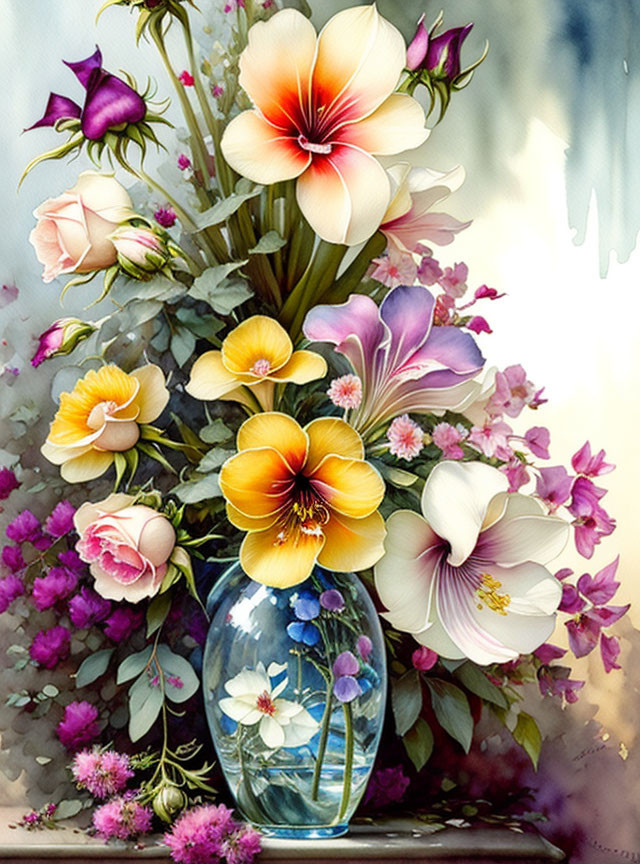 Multicolored Flower Bouquet in Clear Vase on Light Background