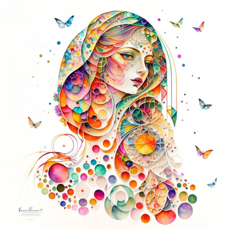 Colorful artwork of woman's profile with abstract patterns and butterflies