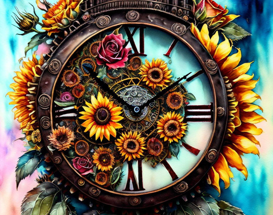 Colorful Watercolor Painting of Ornate Clock with Sunflowers and Roses