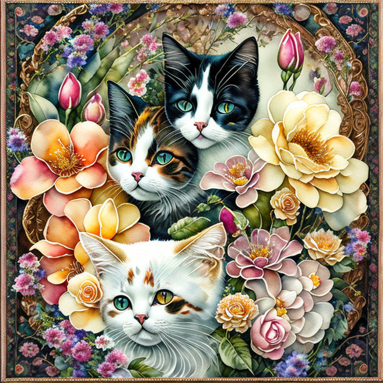 Whimsical cat illustration with expressive eyes and colorful flowers