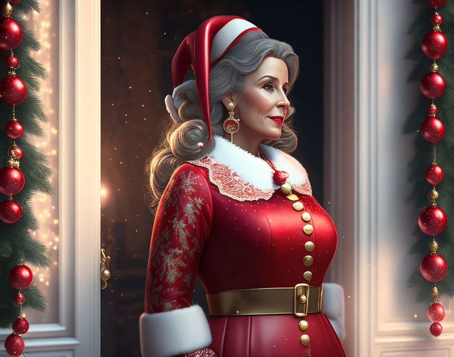 Mature woman in elegant Santa-inspired outfit with fur trim, confidently gazing.