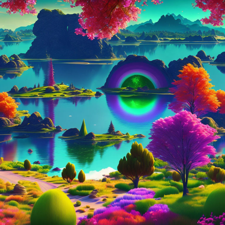 Colorful Trees, Calm Lake, Green Portal: Fantasy Landscape with Mountains