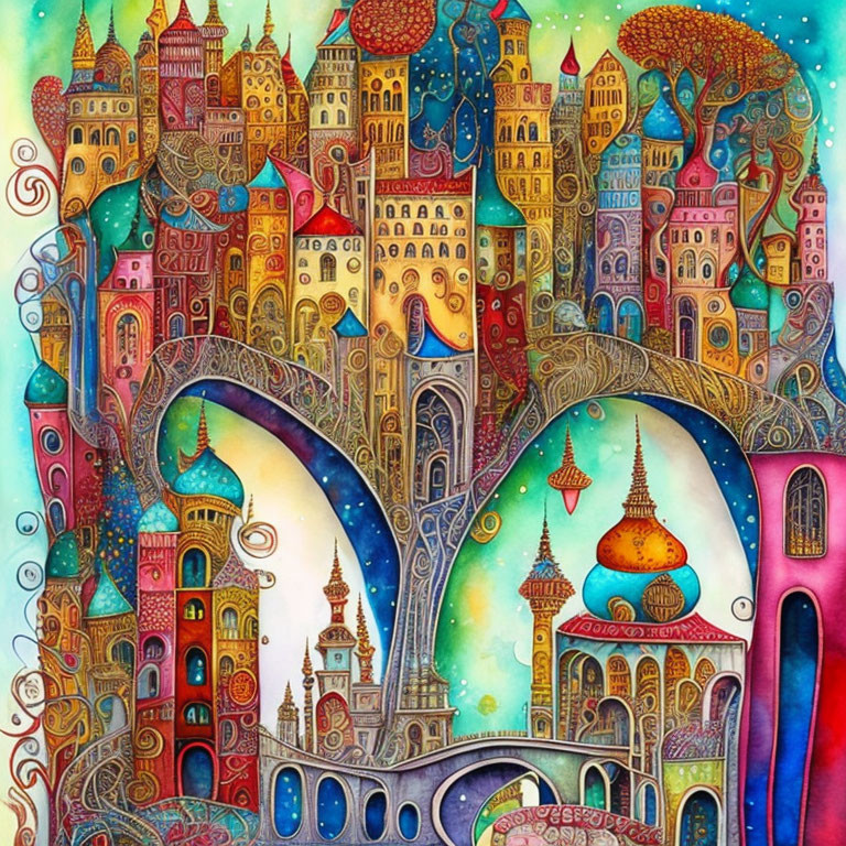 Whimsical artwork of fantastical cityscape with colorful buildings