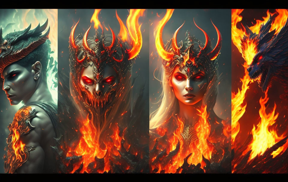 Fantasy Artwork: Two Characters with Fiery Horns in Blue and Red Tones