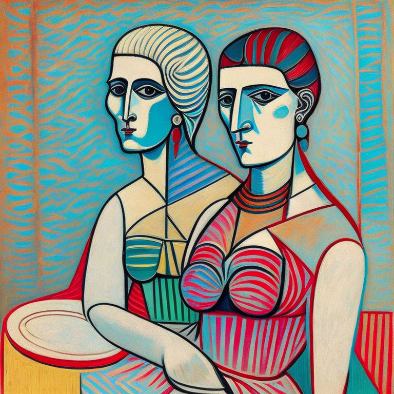 Abstract Cubist Style Painting Featuring Stylized Women with Blue Faces