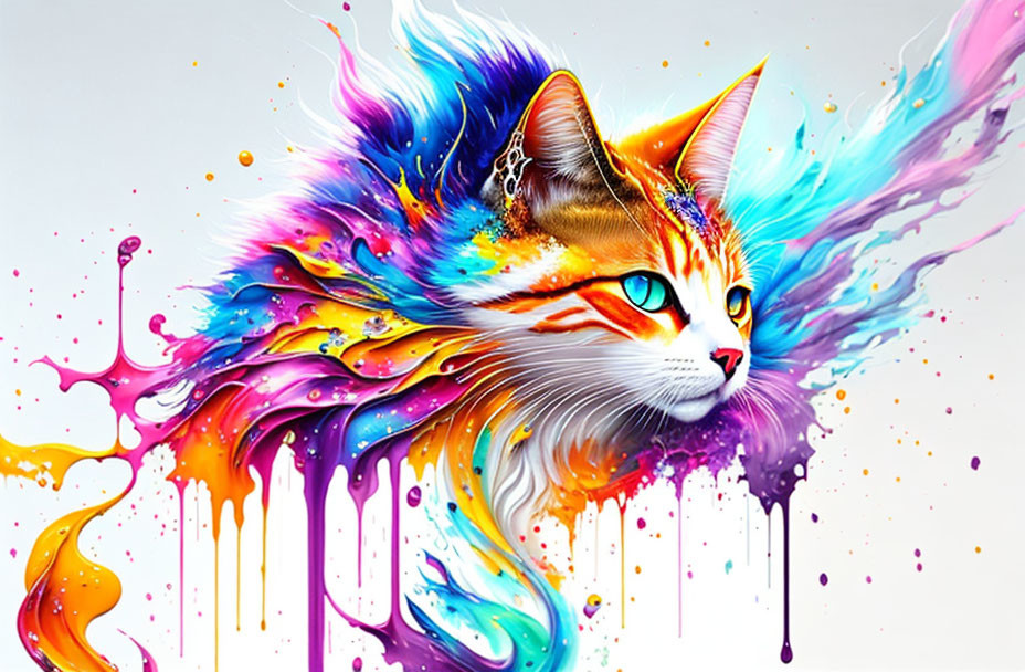 Colorful digital artwork: Cat with vibrant paint-like mane