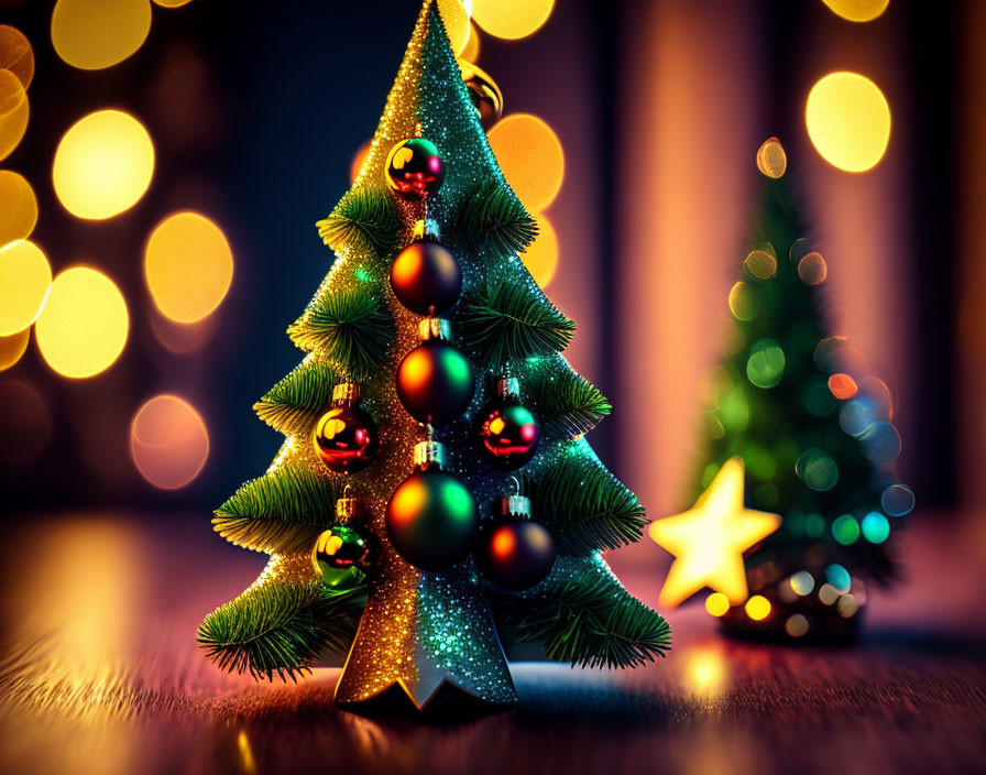 Miniature Christmas tree with red and silver ornaments on warm bokeh background