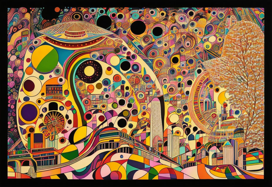 Colorful Abstract Art: Psychedelic Cityscape with Tree and Building Motifs