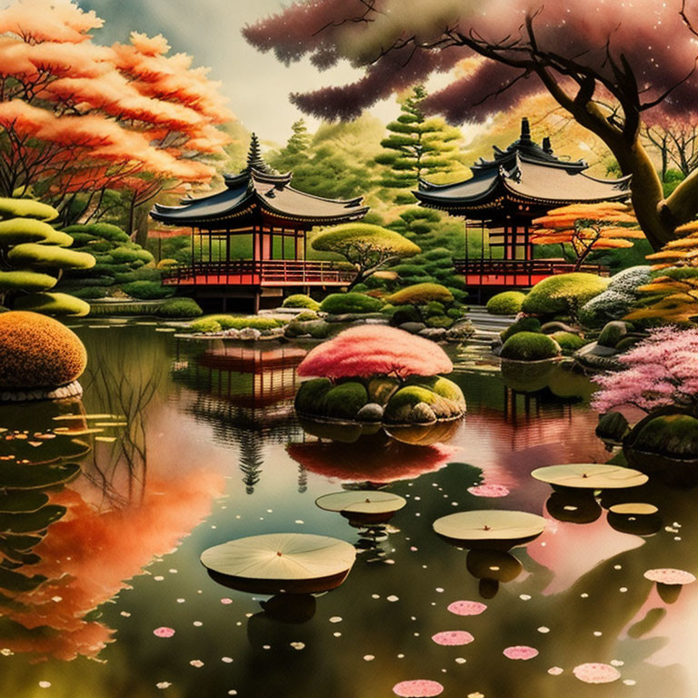 Tranquil Japanese garden with colorful trees, pond, and traditional buildings