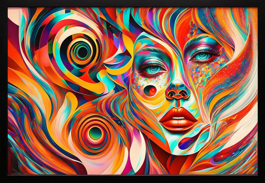 Abstract portrait with swirling patterns and psychedelic colors of a woman's face