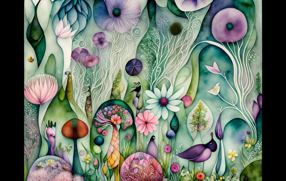 Vibrant abstract underwater scene with stylized plants and sea creatures