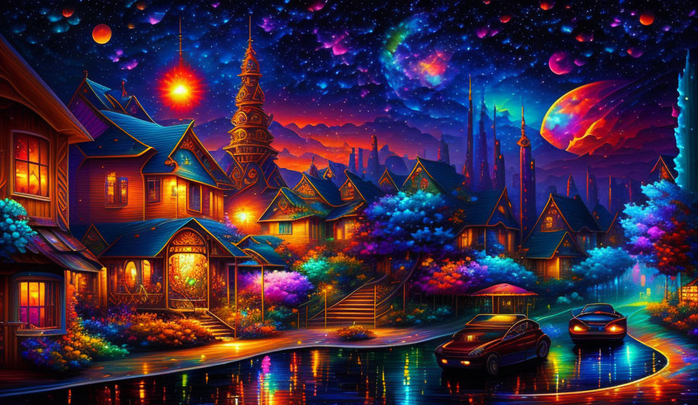 Colorful fantasy artwork: village under starry sky