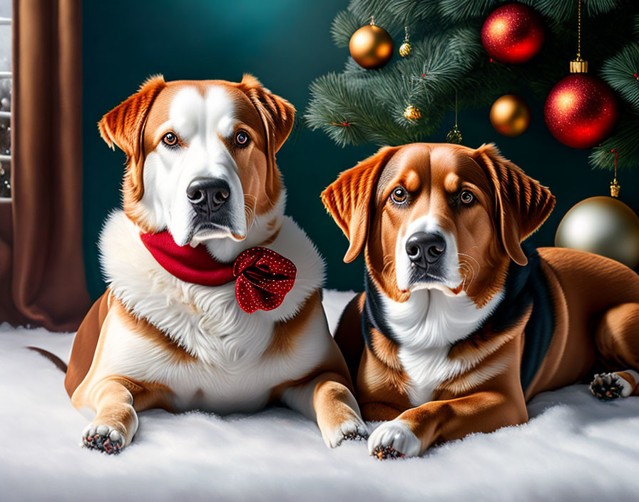 Two Dogs in Scarves by Christmas Tree with Ornaments