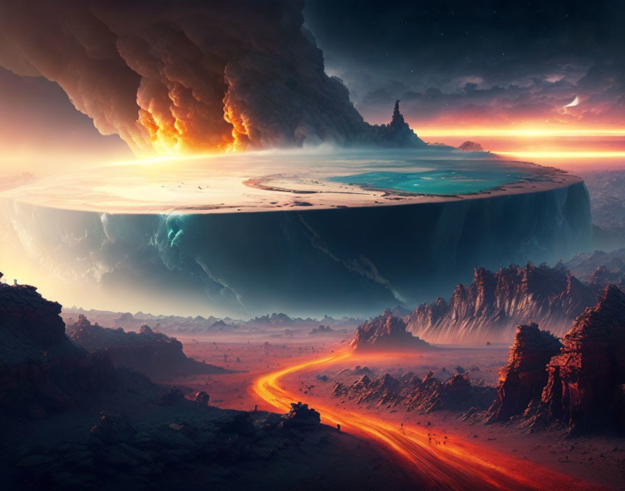 Flat-topped, cylindrical world with cascading waterfall in orange-hued sky