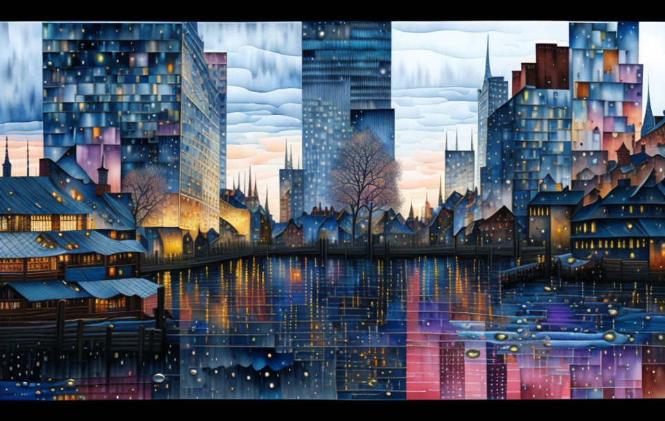 Twilight cityscape painting with river reflections, blending traditional and modern architecture