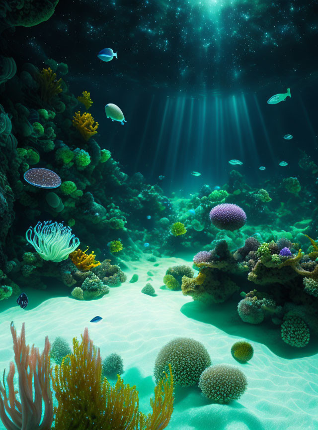 Colorful Coral Reef with Fish and Sun Rays in Underwater Seascape
