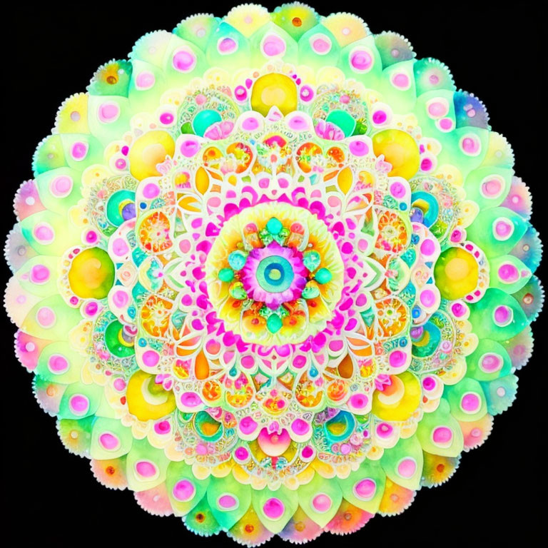 Colorful Mandala Design with Pastel Hues on Black Background