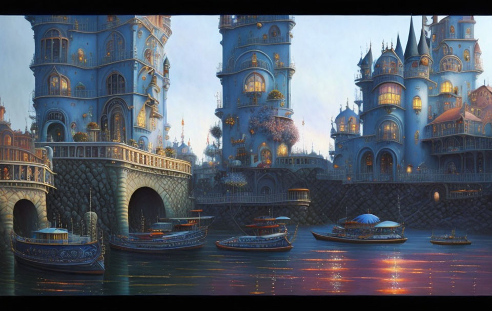 Fantasy cityscape with illuminated towers and castles by water