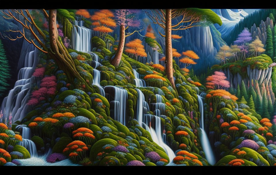 Colorful Fantasy Landscape with Waterfalls and Whimsical Trees