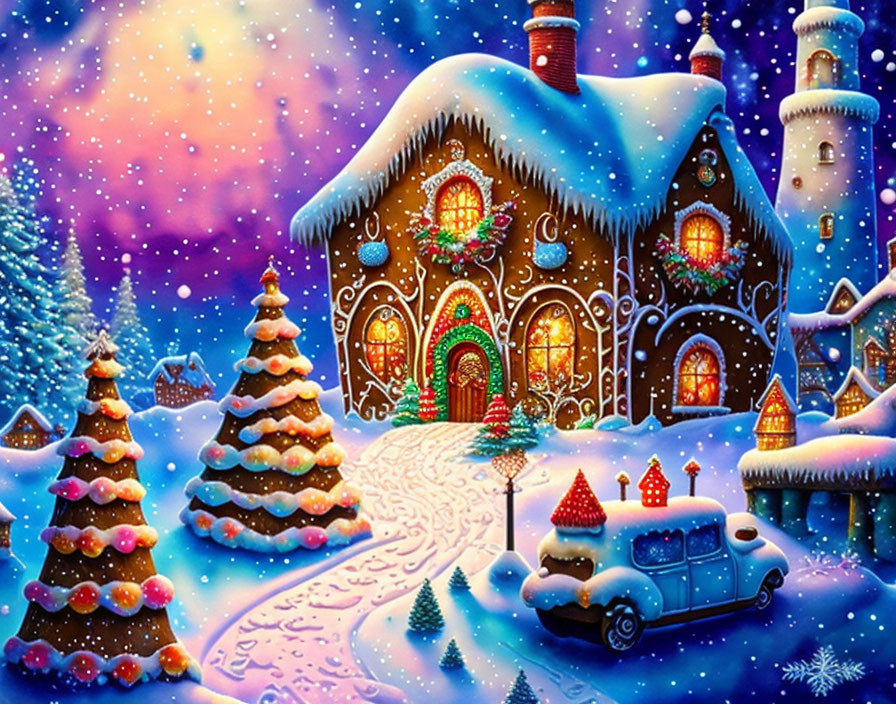 Whimsical winter scene with gingerbread house, snow-covered trees, colorful sky, and blue car