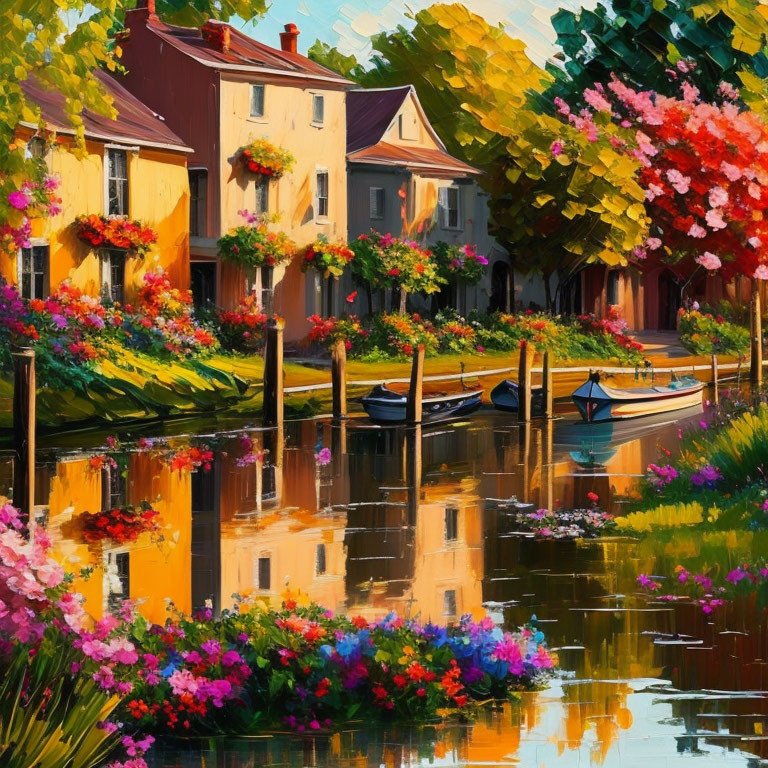 Vibrant riverside landscape with blooming flowers, boats, and quaint houses