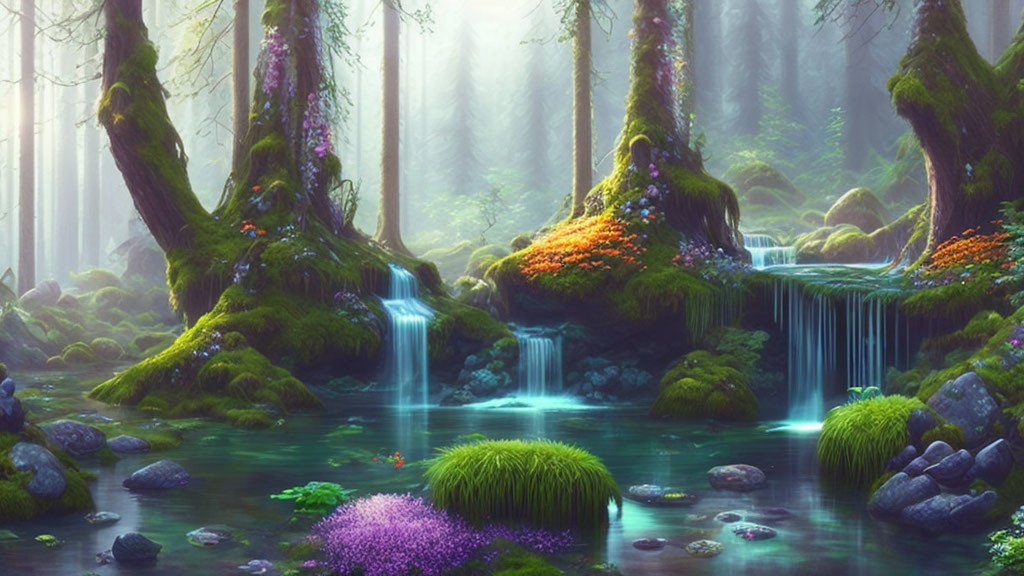 Ethereal forest scene with mist, vibrant flora, waterfalls, mossy trees, turquoise stream