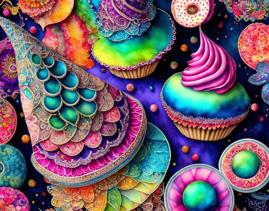 Colorful Artwork with Peacock Feather, Cupcake, and Orbs in Fantasy Mandala Style