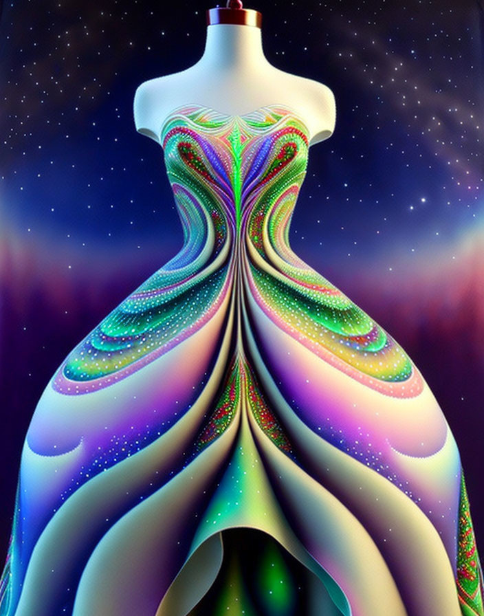 Colorful, psychedelic-patterned dress on mannequin with flared skirt and glowing dots on star