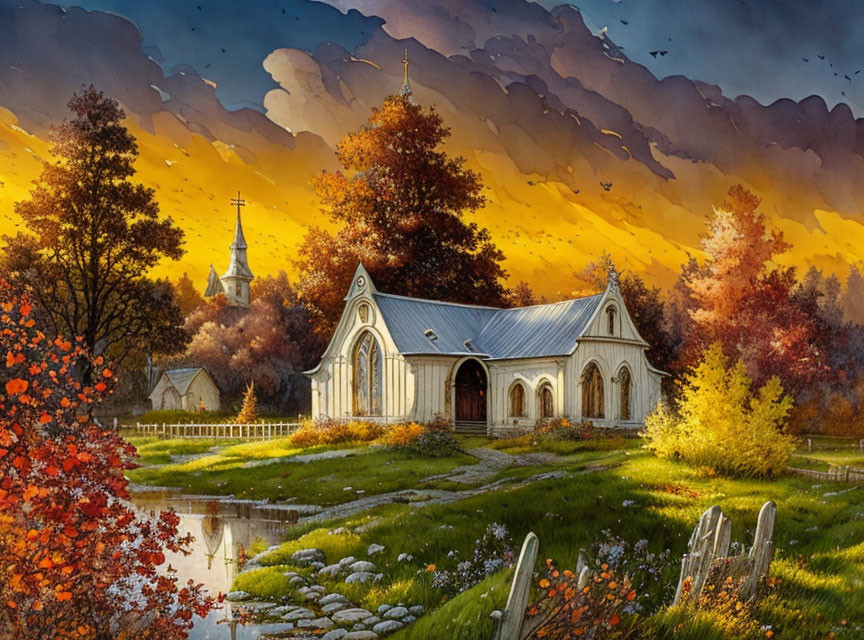 White facade countryside church by pond in vibrant autumn setting