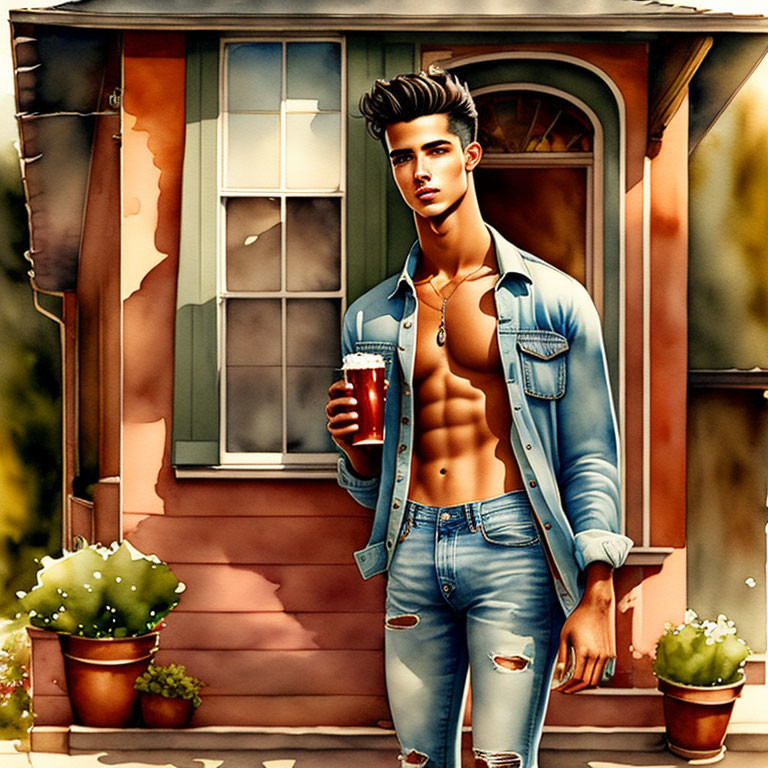 Fashionable male character with drink in front of house with plants