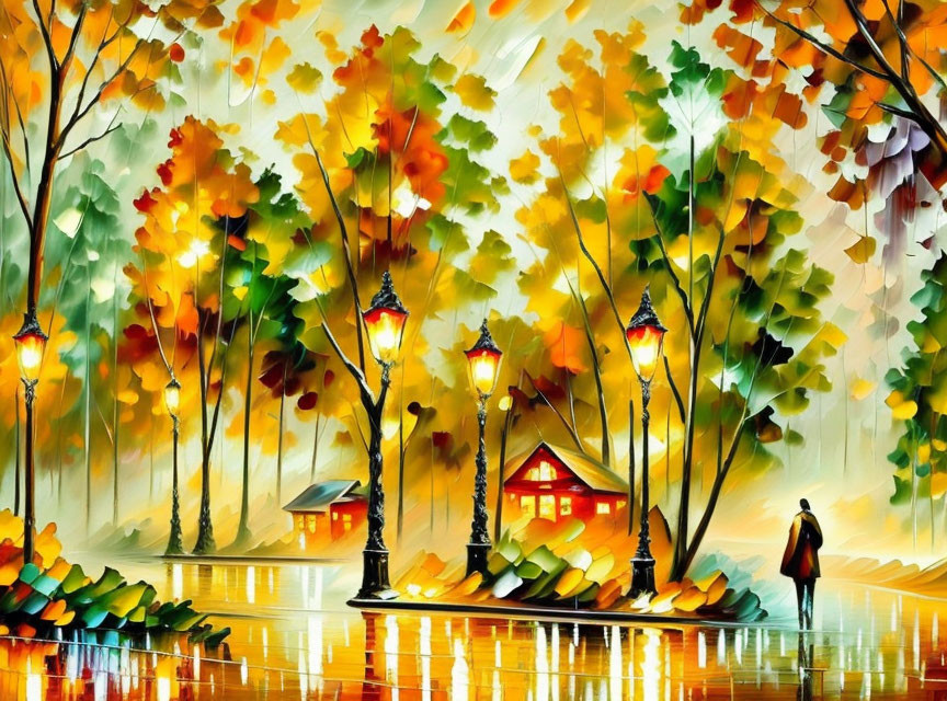 Colorful Autumn Park Scene with Walking Figure